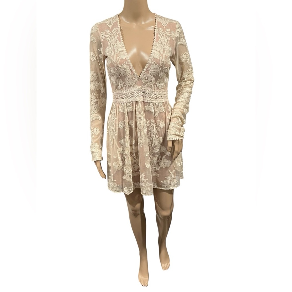 Free People For Love And Lemons Lace Mini Dress Womens Long Sleeve Cream Size S